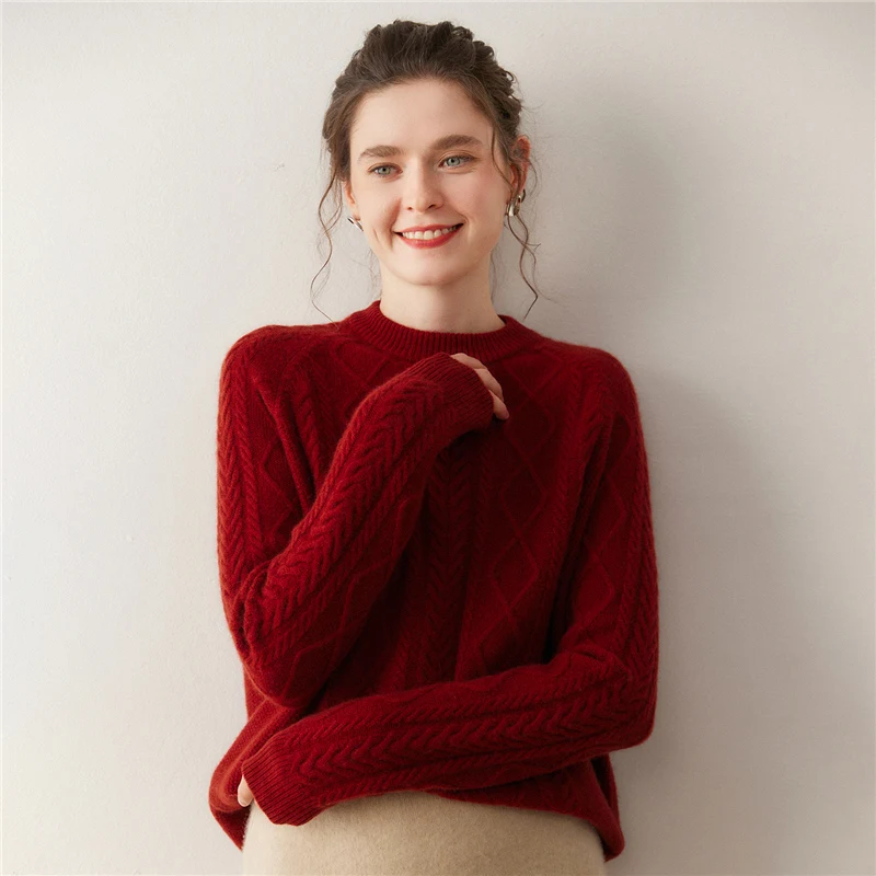 

7GG Short Cable Stitch O-Neck Women's Pullovers Casual 100% Cashmere Knitted Fashion Thick Soft Warm Gentle Sweater Solid Tops