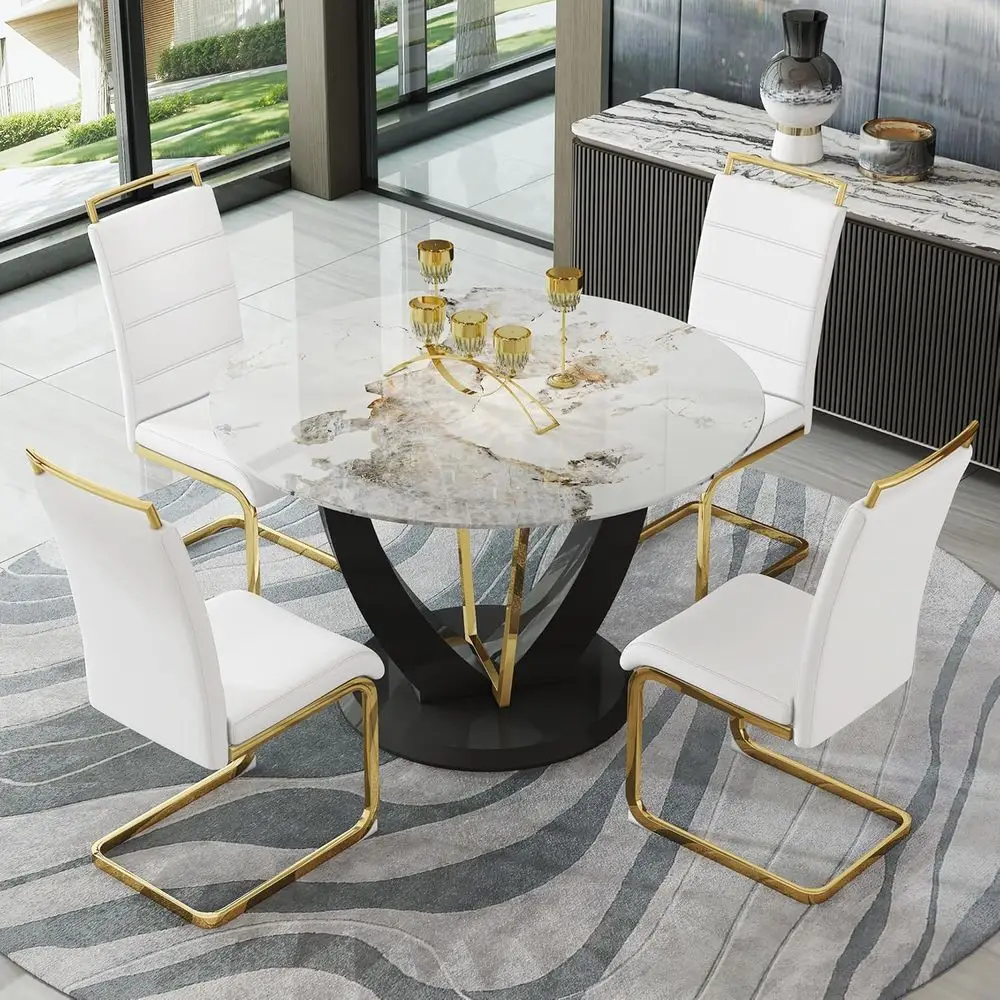 

4-Person Modern Dining Set with 48 Faux Marble Table and Upholstered Chairs
