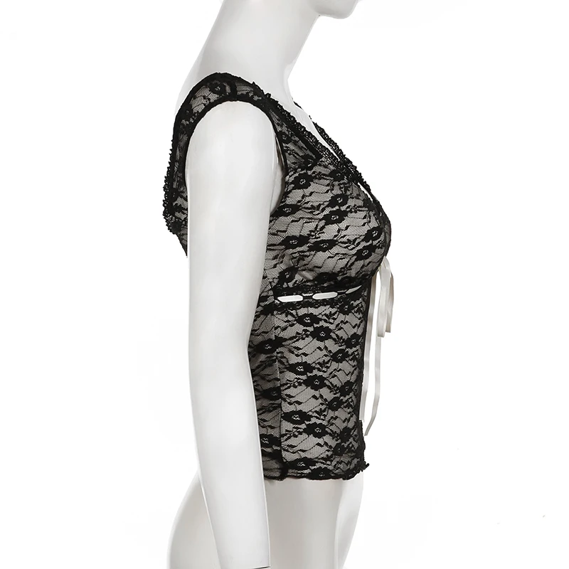 BIIKPIIK Lace Semi-perspective Women T-shirts Contrast Color Lace-up Slim Fit Tees Casual V-neck Sleeveless Female Tops Summer