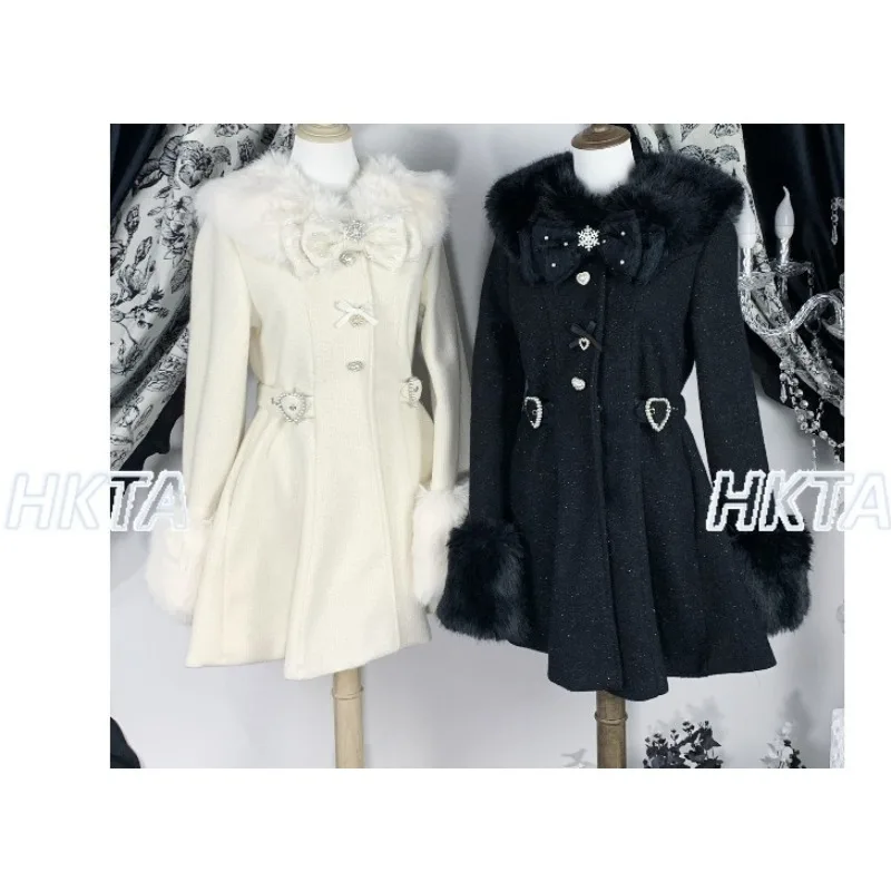 Japanese Style Sweet Subculture Woolen Long Coat Winter New Plush Collar Heart Button Bow Slim Fit Lolita Overcoat Jacket Women