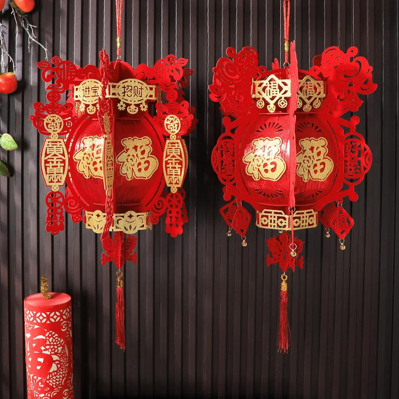 

2025 New Year Spring Festival Fortune Spring Festival Pendants With Tassel Decorative Flocking Cloth Red Lanterns DIY