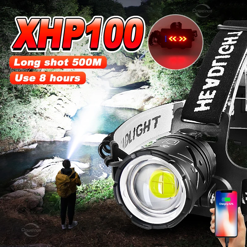 High Power XHP100 Led Headlight Rechargeable 4 Core Headlamp Zoom Usb Rechargeable Head Flashlight For Camping Daily Lighting