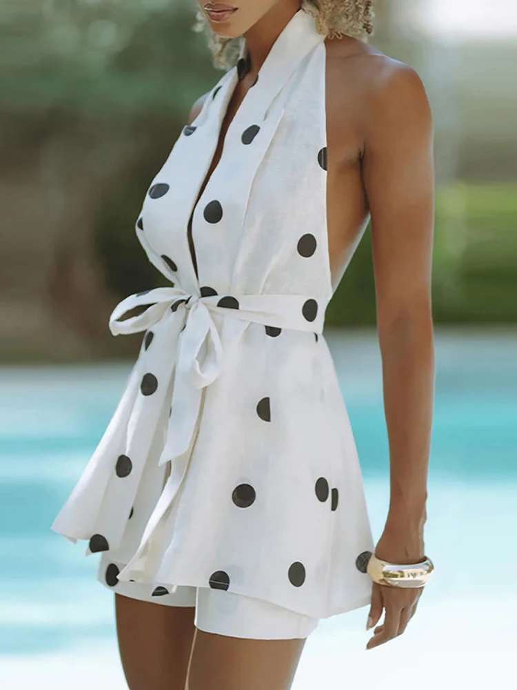 

Polka Dot Hollow Out Sleeveless Beach Suit New Vacation Backless Lace Up Summer Two Piece Set Casual Women's Loose Shorts Outfit