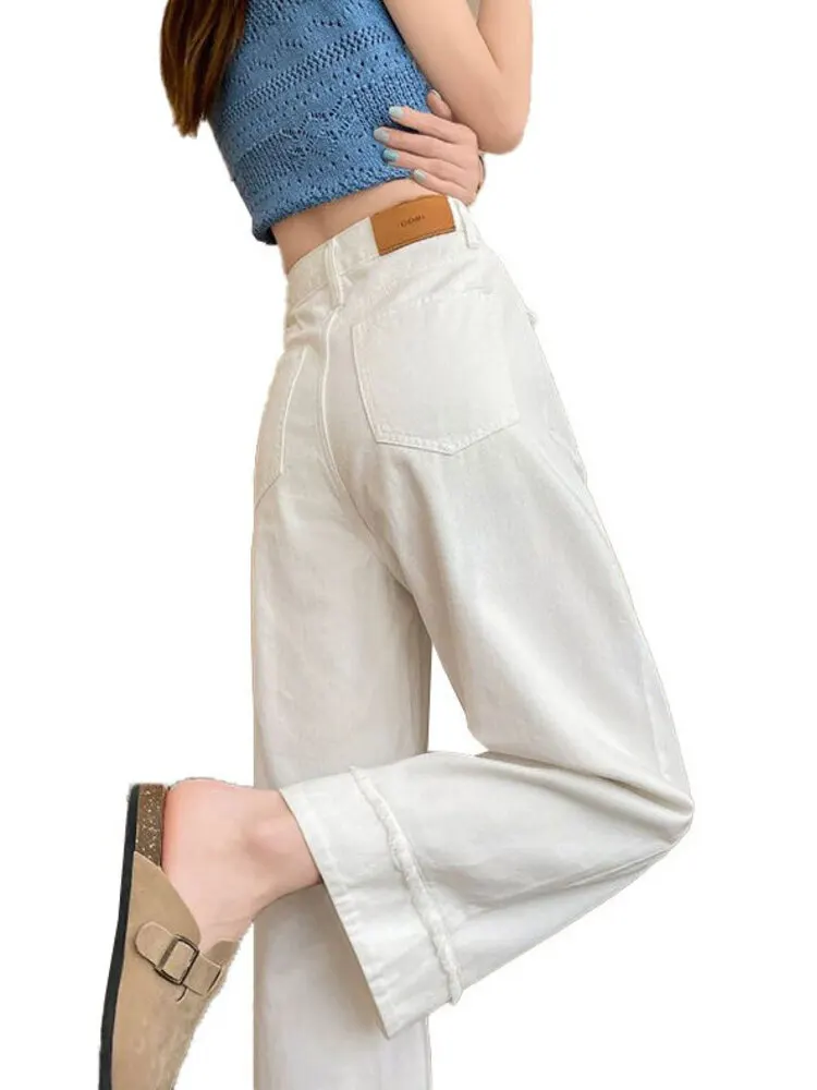 Women High Waist Wide Leg Denim Shorts Off White Cotton Jeans Cuffed Hem Vintage Loose Casual Trousers