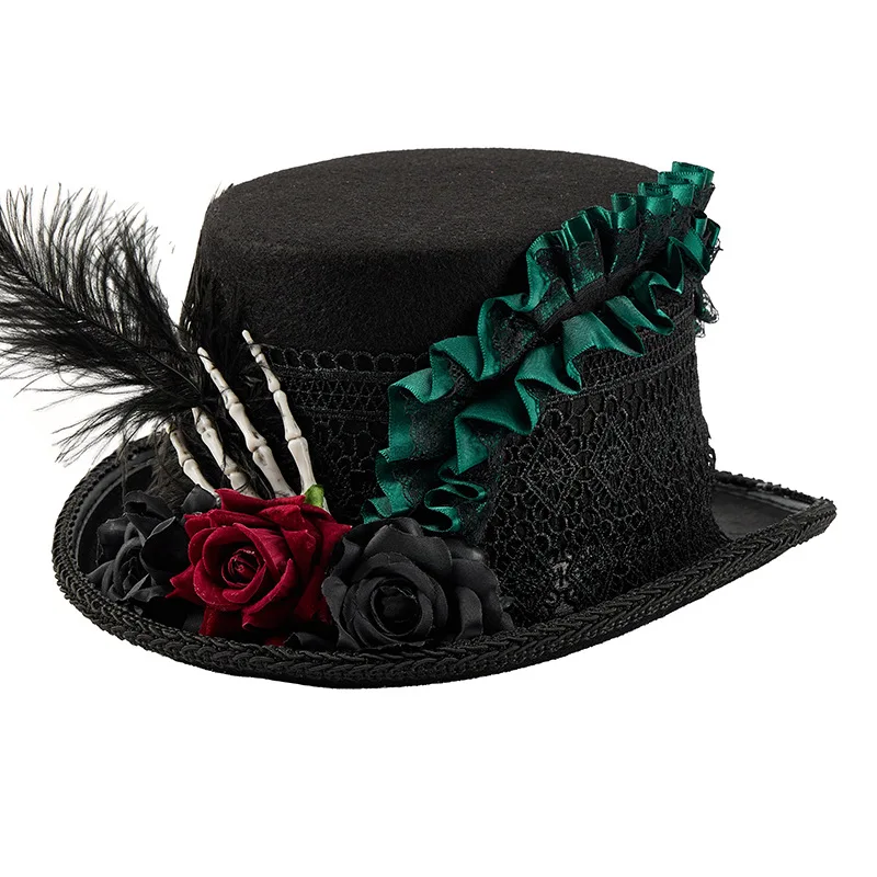 New Gothic Steampunk Top Hat Women Vintage Rose Feather Lace Top Hat Halloween Carnival Cosplay Costume Party Photo Props Unisex