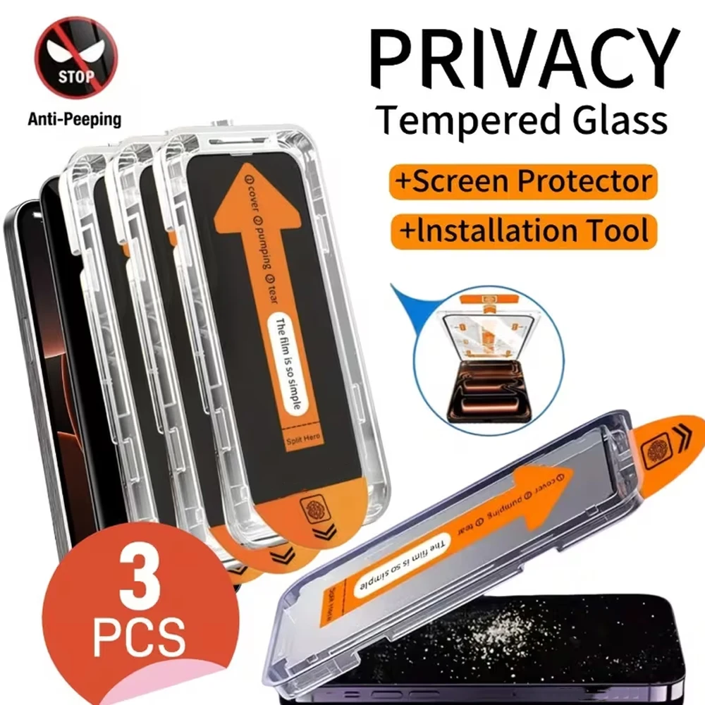 

1-3Pcs Dust free Install Privacy Tempered Glass For iPhone 17e 17 Pro Max Air 16 15 14 13 11 12 XS 7 8 Plus XR Screen Protectors