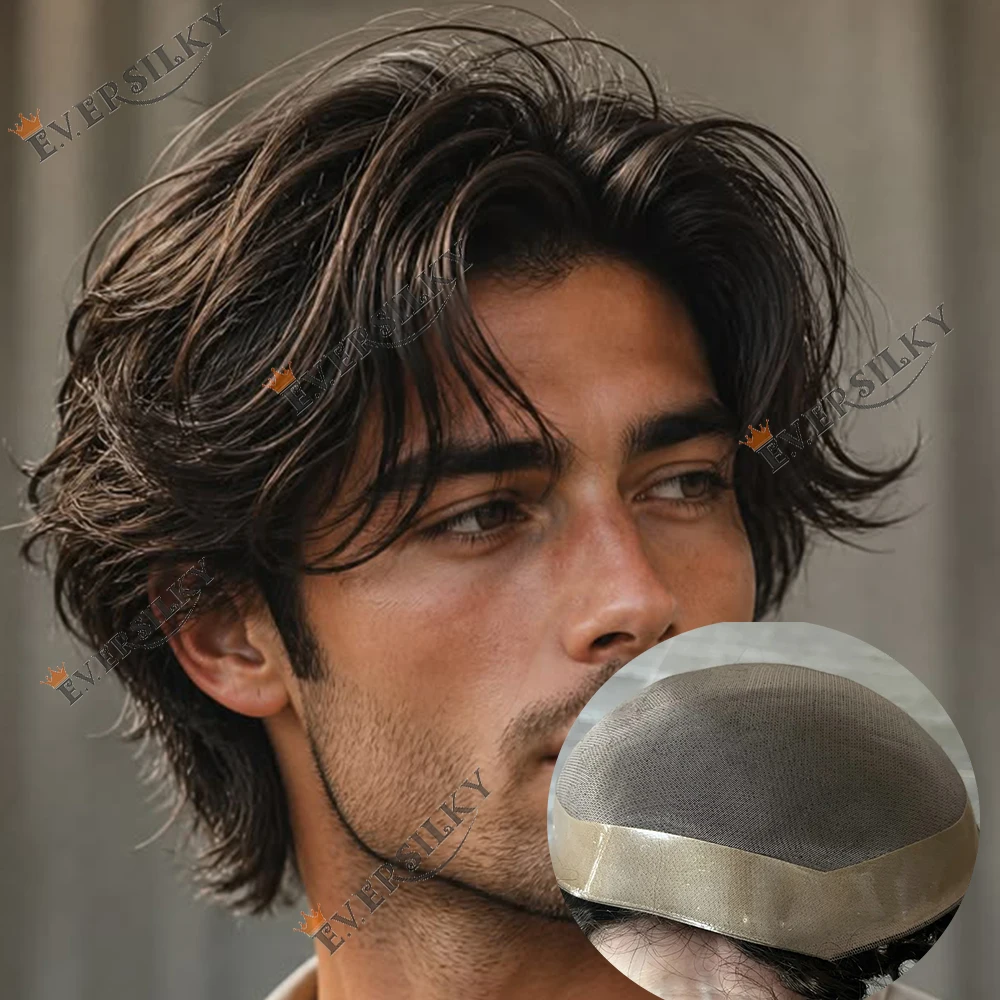 Atmungsaktives Mono-Spitzenoberteil, langlebig, einfach zu tragen # 2 # 4 Braunblond 100% Echthaar Herren-Toupet Langlebiges Haarsystem mit Natürlicher Haarlinie – Detail 1