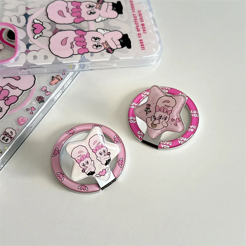 Korean Cute Pink Rabbit Magnetic Phone Case For iPhone 16 Pro 15 13 14 Pro Max Cover with Magsafe Stand Holder Grip Kawaii Cases