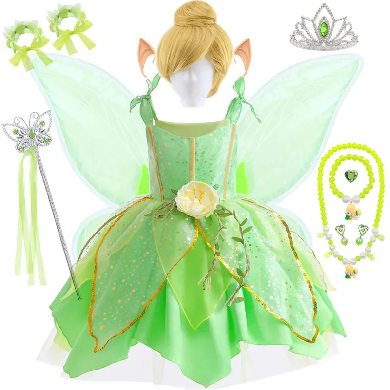 

Deluxe Tinker Bell Costume For Girls Fantasy Green Glitter Princess Dress Kids Carnival Party Disguise Outfits Elegant Gowns