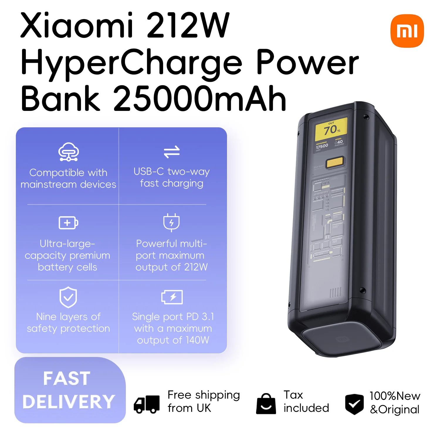 Xiaomi 212W HyperCharge Power Bank 25000mAh, P03MI LED Screen Portable Charger Suitable for air travel for Xiaomi Macbook iPhone