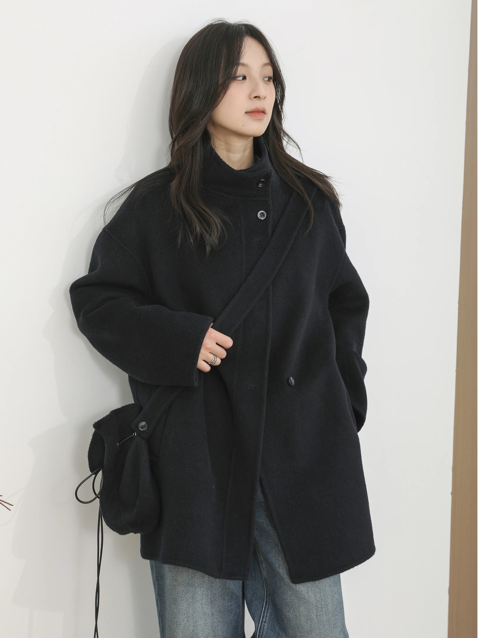 

Женское шерстяное пальто Sanmu Social осень-зима с маленьким воротником, твидовое, премиум-класса, с сумкой, в корейском стиле, свободного кроя