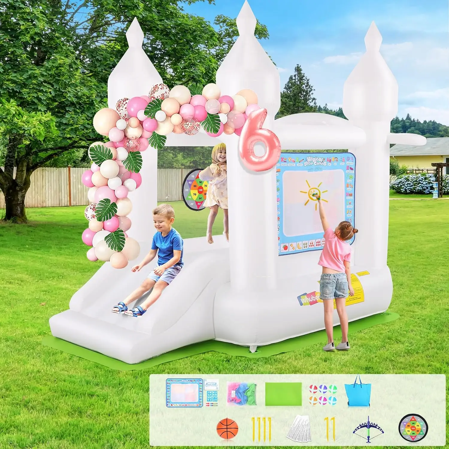 White Bounce House Indoor/Outdoor for Kids 2-8 with Balloons, Magical Water Canvas, Dart Target Balls, Bar Dart Set, Basketball,