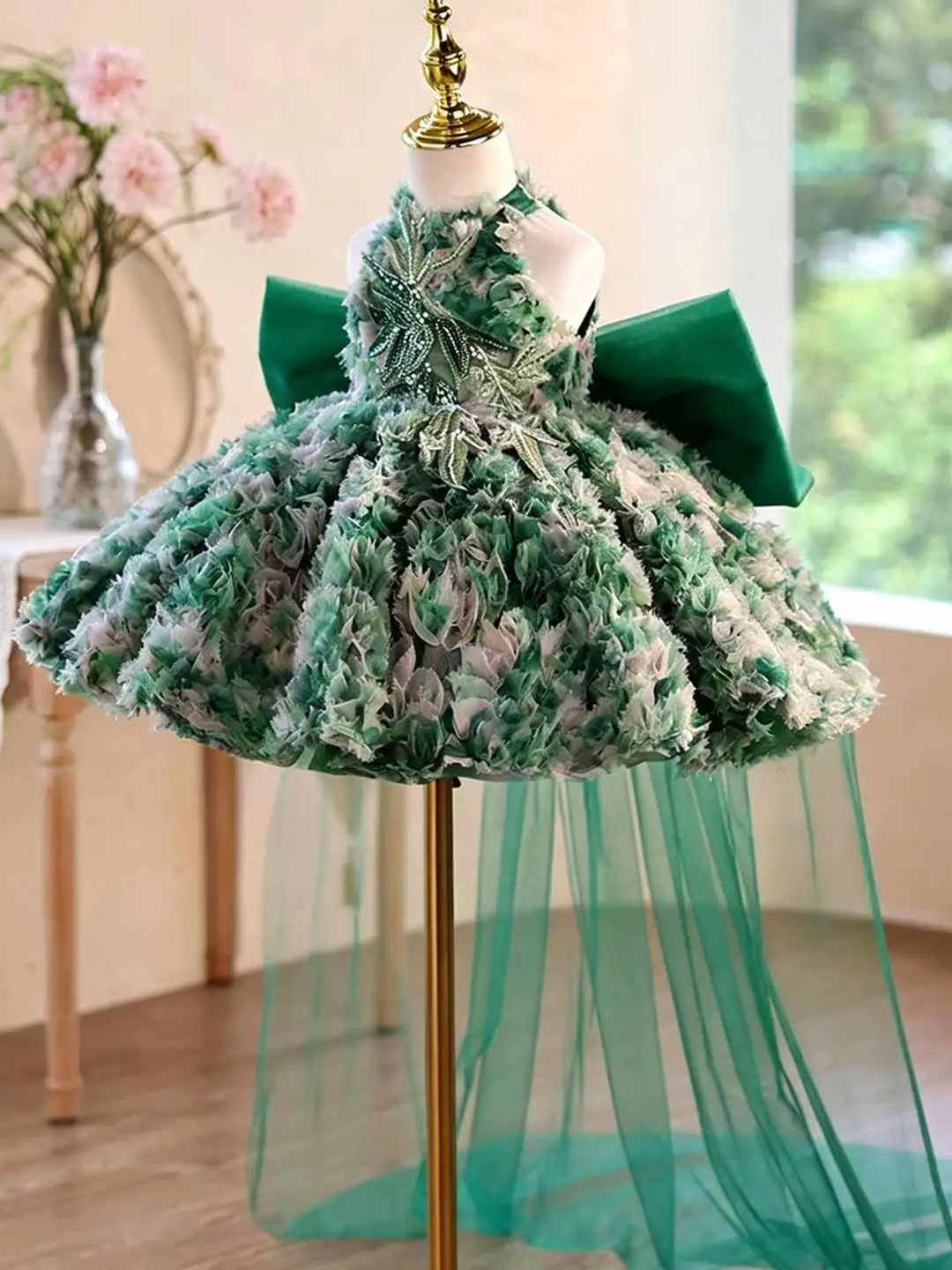 KLFLGD Elegant girl party dress, flower girl wedding dress, dress up dance party, green trailing baby girl's first Christmas bal