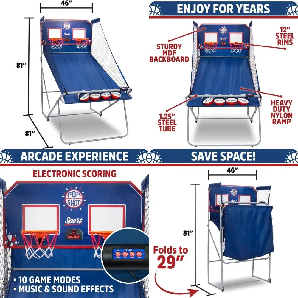 

Баскетбольная игра Dual Shot: для аркад и домашнего использования, подсчет очков по принципу паддл-счета, 10 игр, 4 мяча, портативное хранение