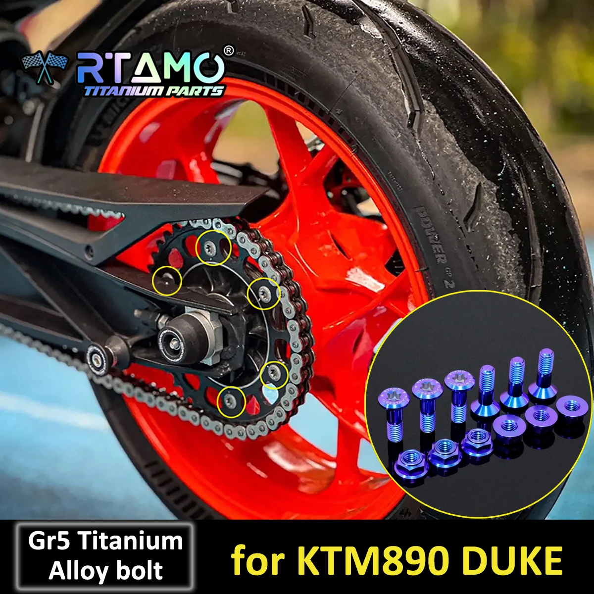 

RTAMO Gr5 Titanium Bolt Sprocket Nut Rear Frame Brake Pump Bracket Pipe Cover Water Pump Chain Adjust Screw for KTM 890 Duke