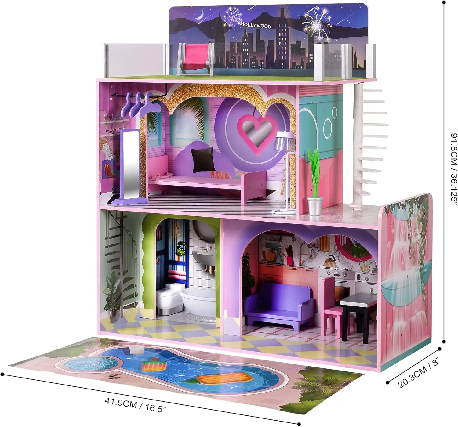 Dreamland Sunset 2-Story Dollhouse de madeira, moderno Rooftop Deck, 14 PCs Acessório definido para bonecas de 12 polegadas, rosa