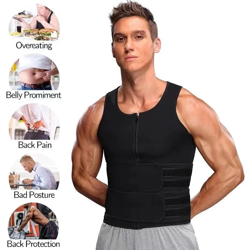 Men's Body Shaper Waist Trainer Sauna Vest Double Belt Sweat Shirt Corset Top Abdomen Slimming Shapewear Fat Burn Fitness Suits