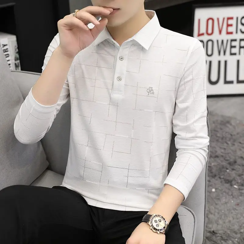

Модная мужская рубашка-поло с длинным рукавом из легкого хлопка с эффектом ледяного шелка, повседневная футболка для молодежи, весенне-осенний образ