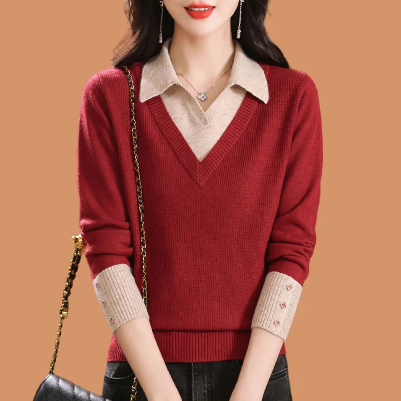 

Осень-зима 2022, женский свитер из двух предметов, пуловер, новый контрастный поло с вырезом в стиле пэчворк, вязаные топы с длинными рукавами, женский джемпер