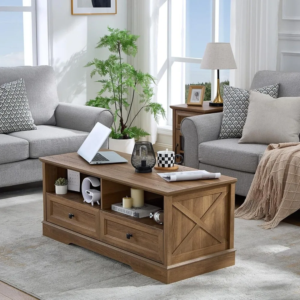 

Farmhouse Coffee Table with Storage Drawers, 48" Wooden Living Room Tables, Industrial Rectangle Center Tables, Retro & Simple 2