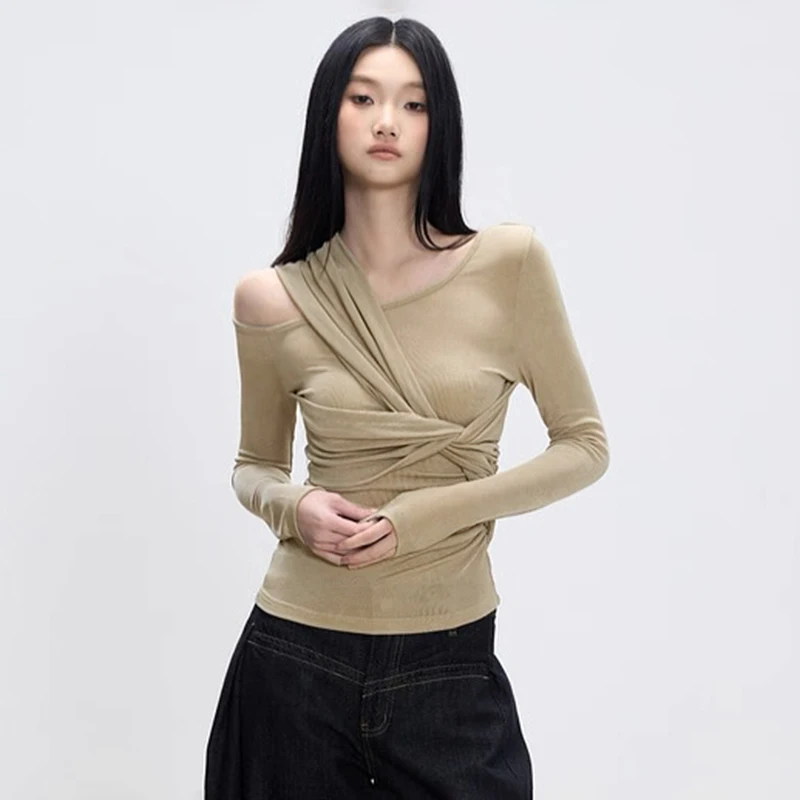 CUTENOVA خريف جديد وصول المرأة بلون الملتوية غير المتماثلة تصميم كم طويل سليم صالح علوي بسيط وأنيق عادية المحملة