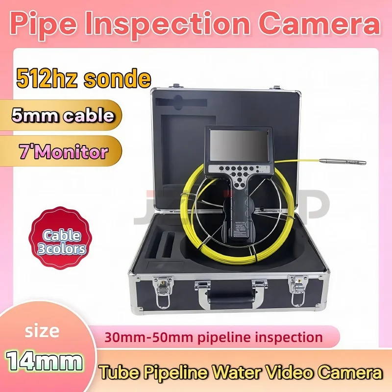 

14mm Video Pipe Inspection Camera 512hz Transmitter Drain Sewer Borescope Endoscope Handheld 7'LCD Meter Counter Pipe Locator