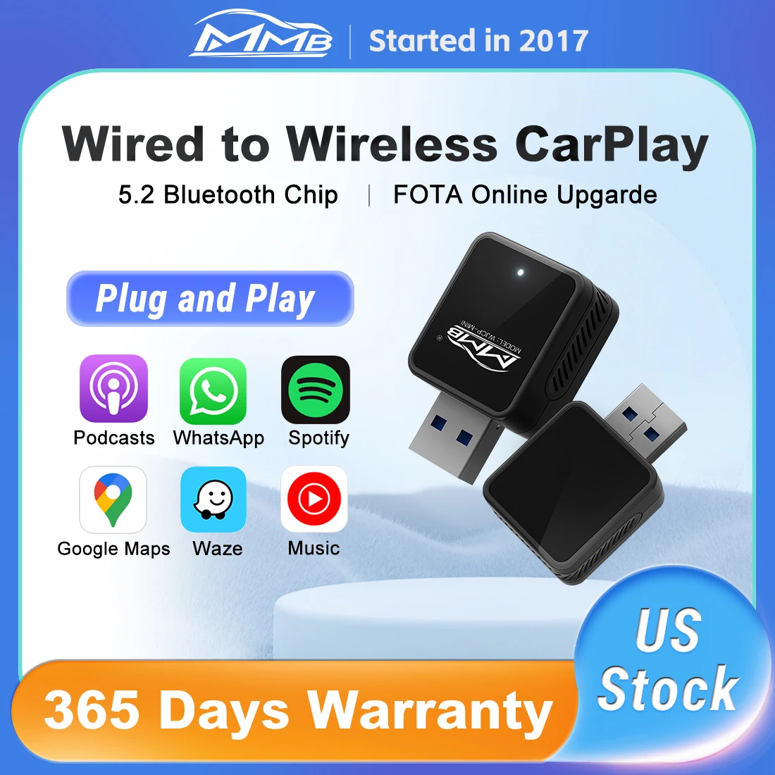 MMB Mini Wireless Apple CarPlay Adapter Andriod Auto Wireless Adapter Plug and Play BT 5.2 for Car Radio with OEM Wired CarPlay