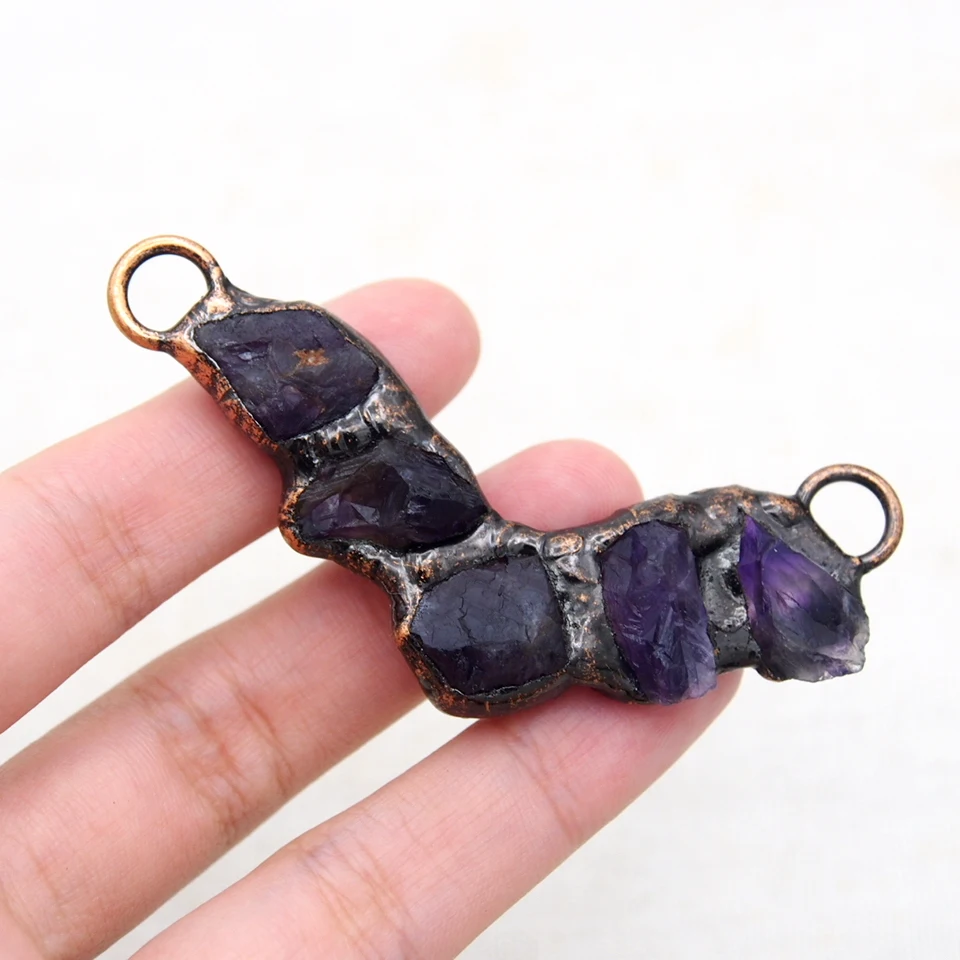 48x20mm Natural Raw Amethyst Crystal Pendant, Irregular Stone Charm, Soldered Antique Bronze Electroplated Handmade Jewelry