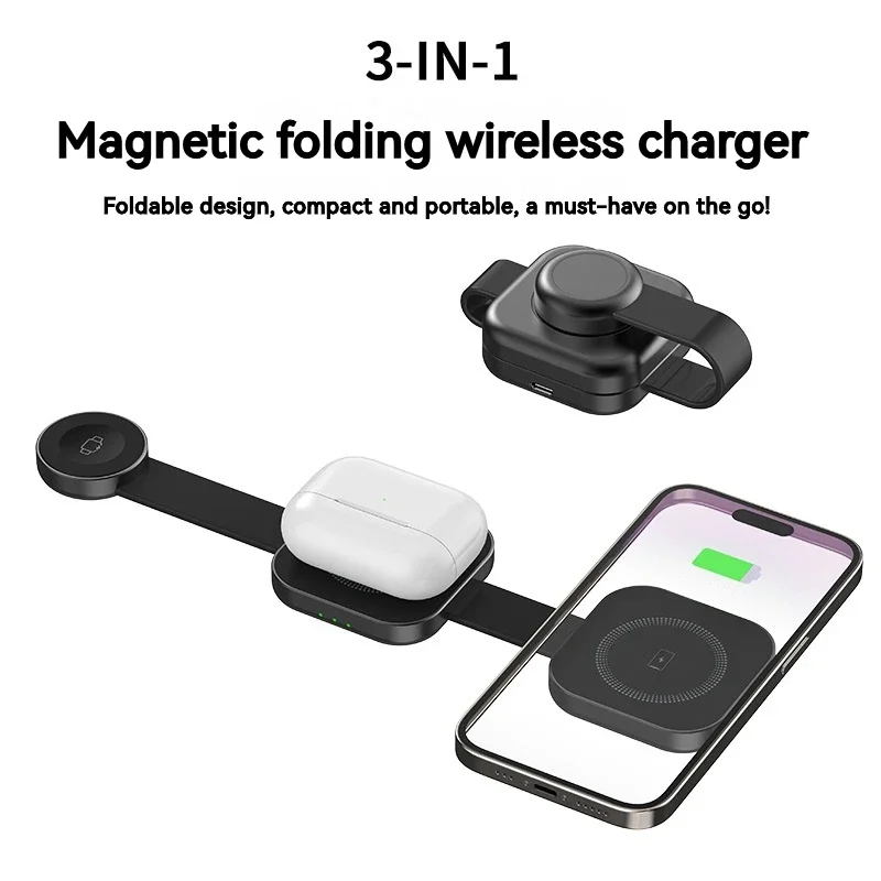 Folding 3 In 1 15W Magsafe Magnetic Wireless Charger Portable For HuaWei iPhone iWatch Airpods Fast Charging Dock Station