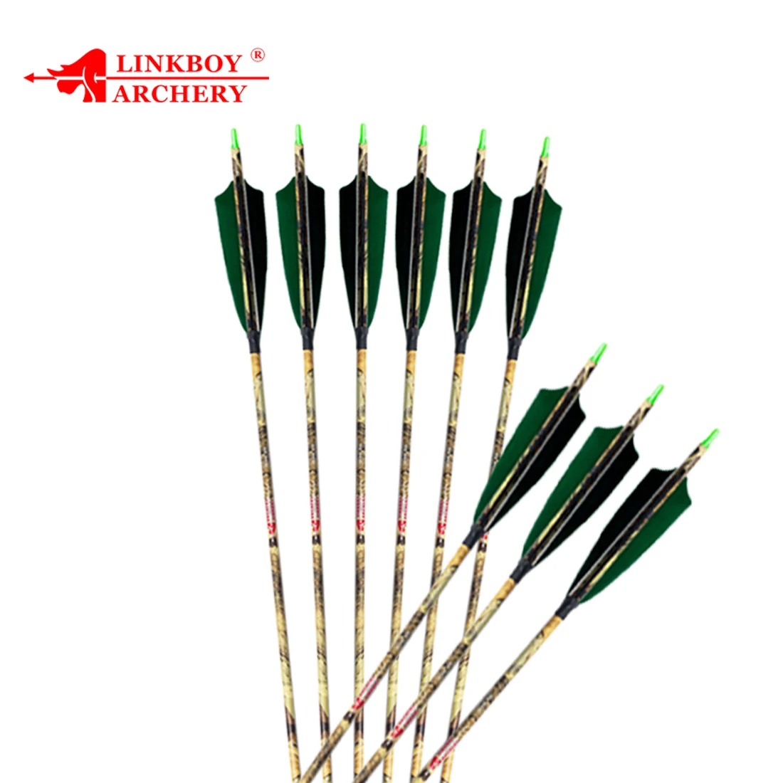 

12pcs Linkboy Carbon Camo Green Arrow ID6.2mm Sp300-600 5inch Turkey Feather 75gr Tips Compound Traditional Bow Hunting