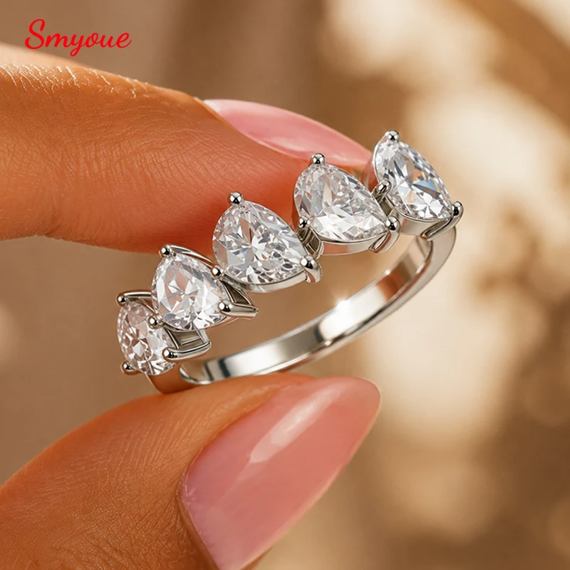 Smyoue 4*6mm Pear Cut 5 Stones Moissanite Rings for Women Luxury Dating Wedding Band Promise Real S925 Sterling Silver Jewelry