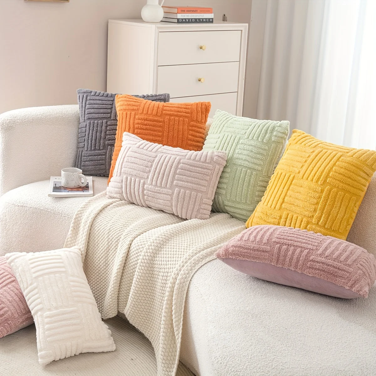 

Bohemian Polyester Throw Pillow Covers 18x18 Inch Striped Knit Fabric Zipper Closure Square Cushion Cases for Living Room Decor