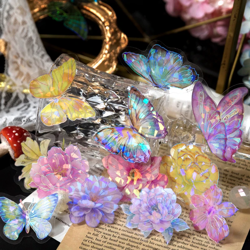 20pcs Butterfly Feather Flower Crystal Laser Silver Sticker Cute Girl Diy Decorative Stickers For Art Craft Scrapbooking Album