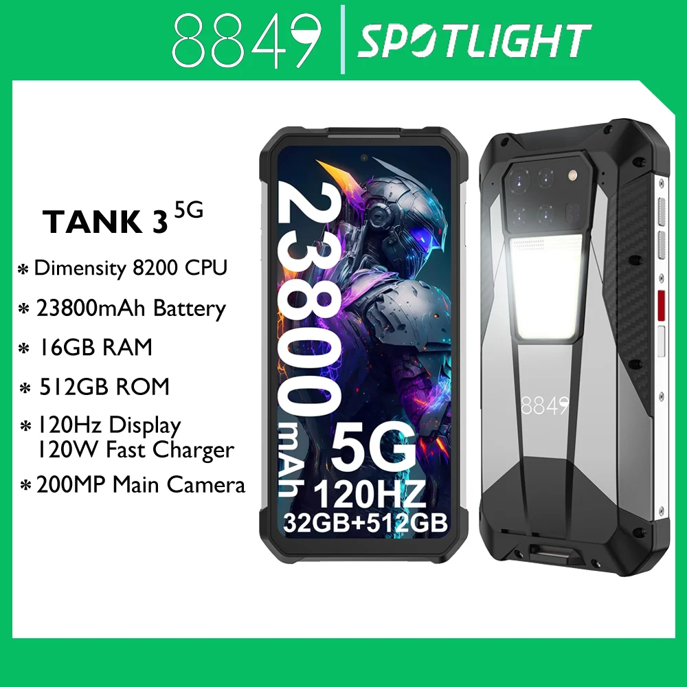 

8849 Tank 3 Rugged Smartphone 32GB 512GB 23800mAh 120W Charger Dimensity 8200 5G Cell Phone 200MP 120Hz Led Light Mobile Phone