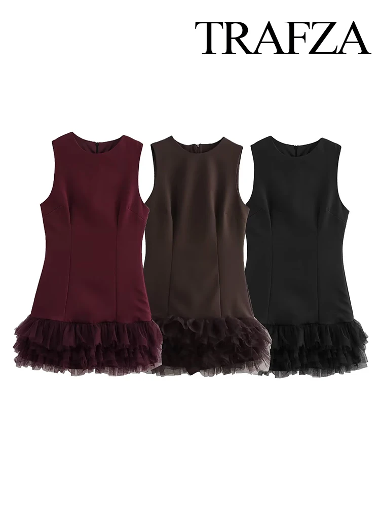

TRAFZA Women's Fashion Versatile Round Neck Solid Tulle Splicing Dress Female Sexy Elegant Slim Sleeveless Zipper Short Dress