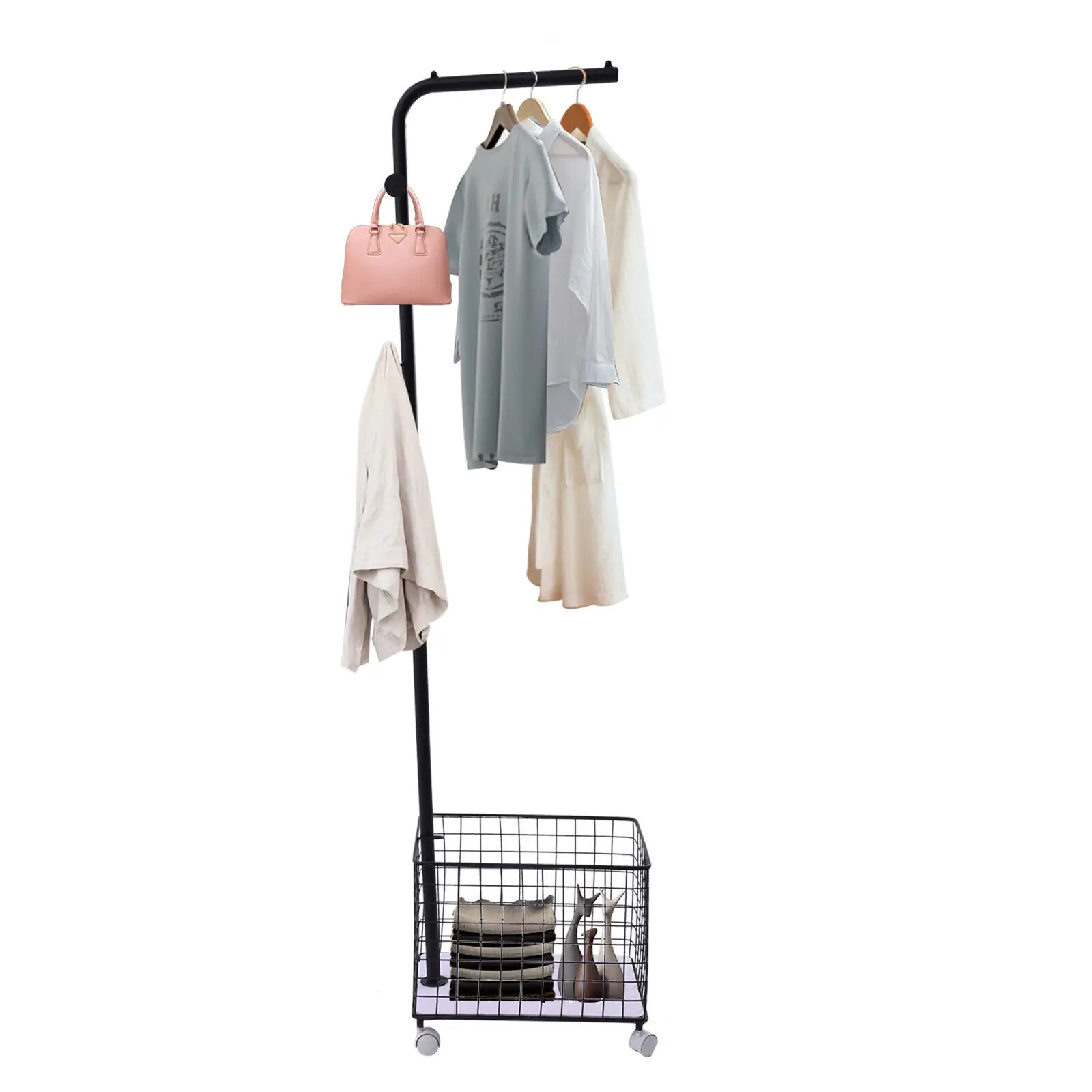 Coat Hat Metal Rack Rolling Wheels Garment Storage Shelf w/ Storage Basket