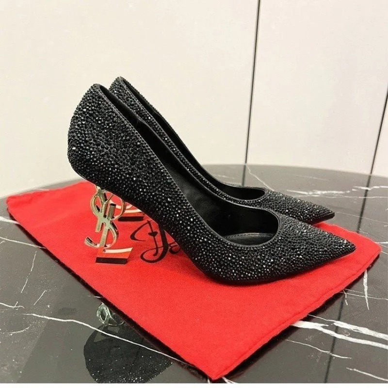 2024 New Style Pointed Toe Luxury Rhinestone Women Design Fashion High Heels Black Ladies Wedding Party High Heels Heels