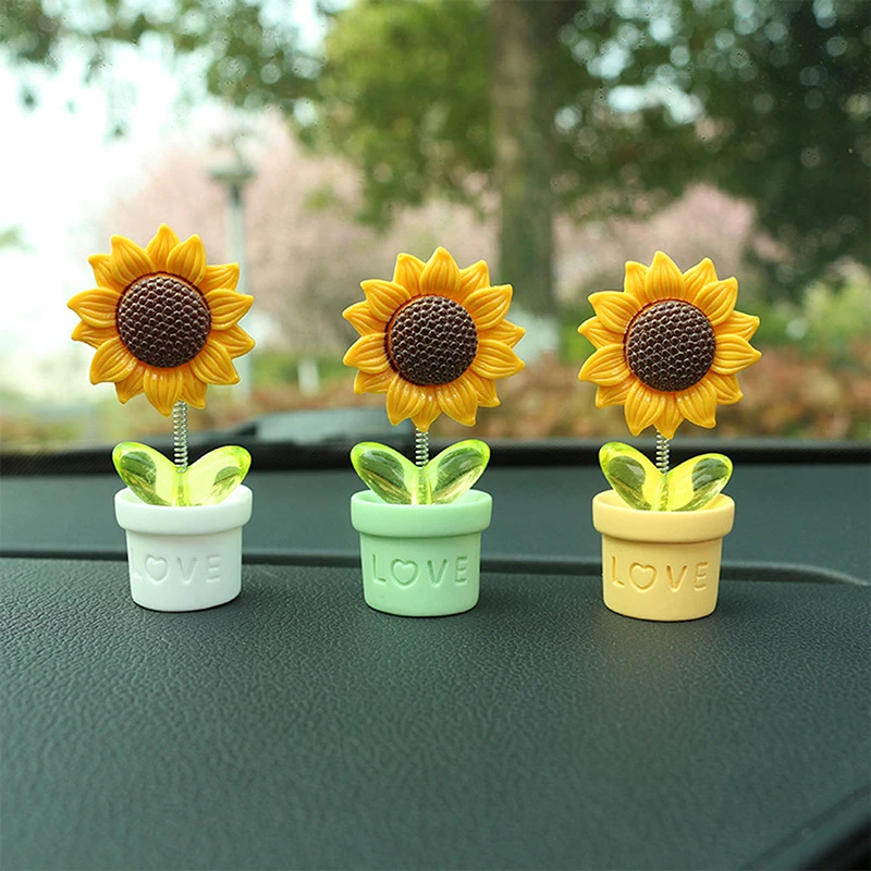 New 1PC Cute Swinging Simulated Sunflower Potted Car Center Console Decor Desk Ornaments Creative Auto Interior Accessories