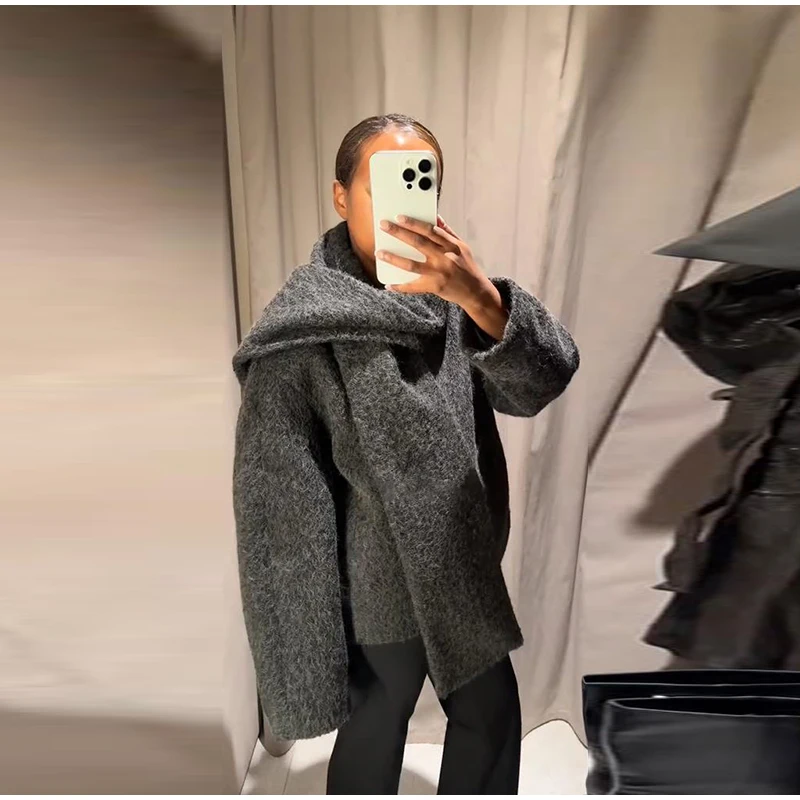 

2025 Autumn Winter Lady Commute Outwear Elegant Scarf Collar Gray Woolen Coats Chic Single Breasted Long Sleeve Warm Jacket