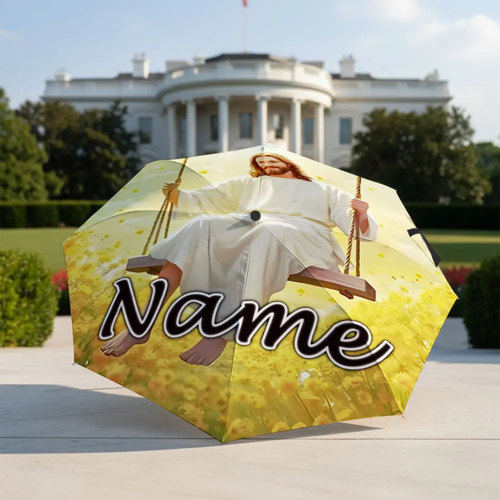Custom Name Umbrella Religious Figure On Swing Flower Meadow Print Folding Umbrella,Portable Travel Parasol For Faith‑theme Gift
