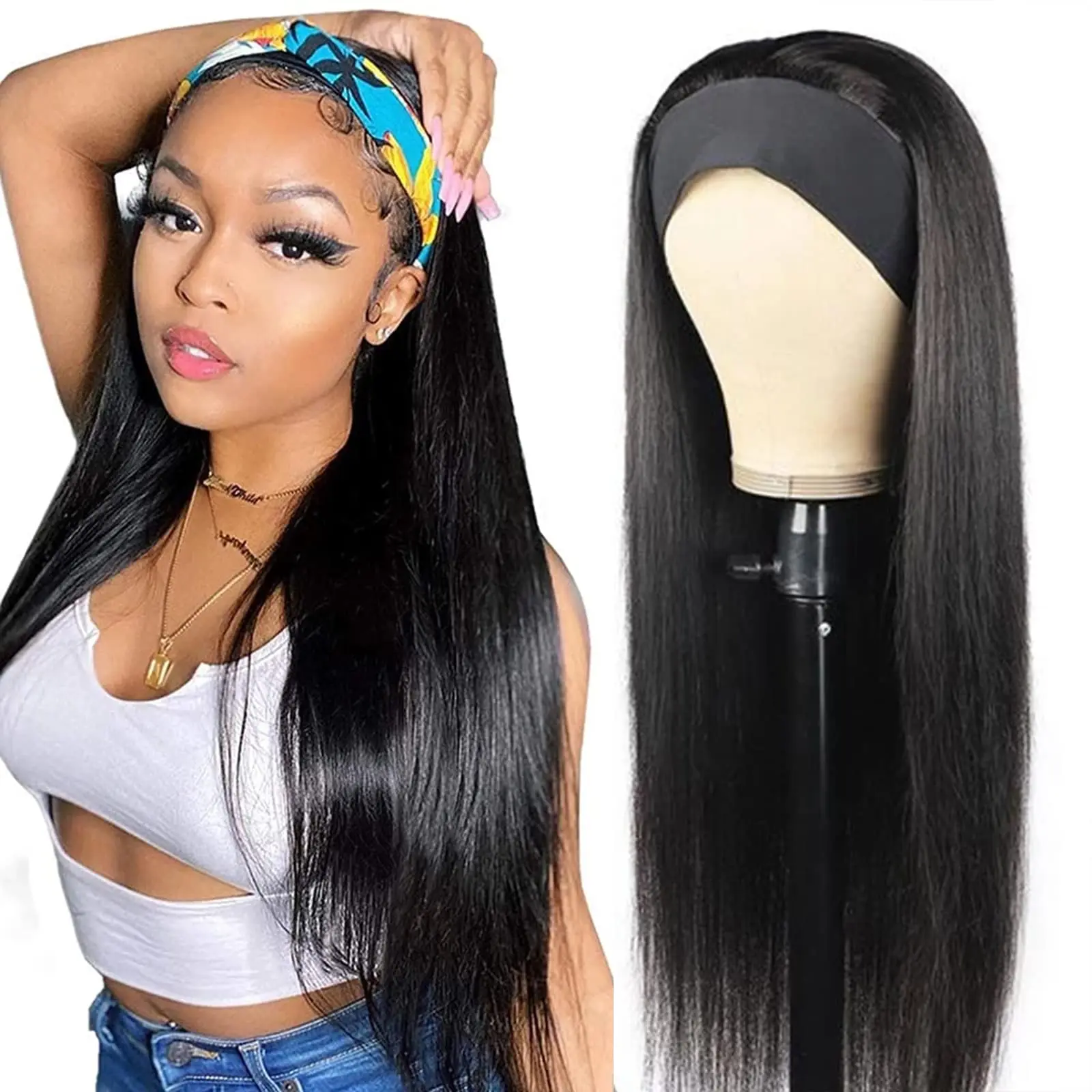 

Straight Headband Wig Remy Brazilian Hair Full Machine Made Wig Straight Human Hair Headband Wigs for Balck Women
