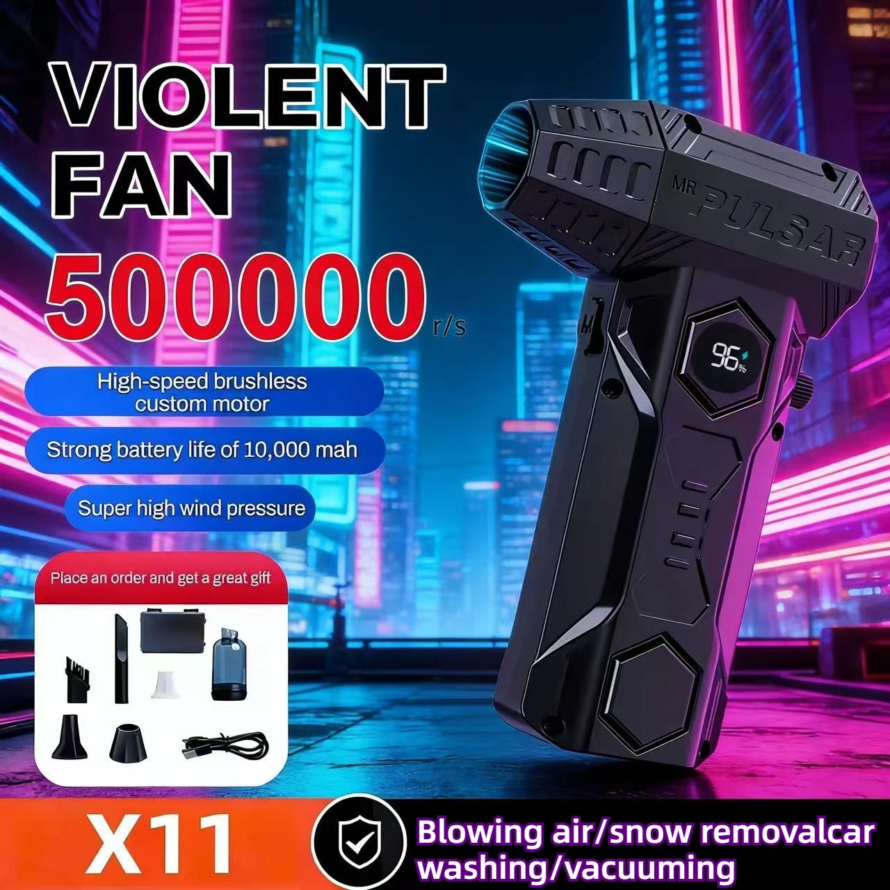 X11Pro MAX توربو منفاخ نفاث 500000 دورة في الدقيقة منفاخ هواء قوي فرش السيارات مروحة تربو سرعة الرياح 75 متر/الثانية 10000 مللي أمبير نسيم قوي