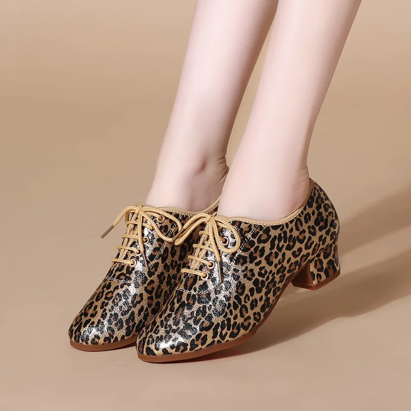 Leopard dance Sneakers women Dance Shoes Ballroom Women Latin Modern Jazz outdoor rubber Sole square heels 3.5/5cm