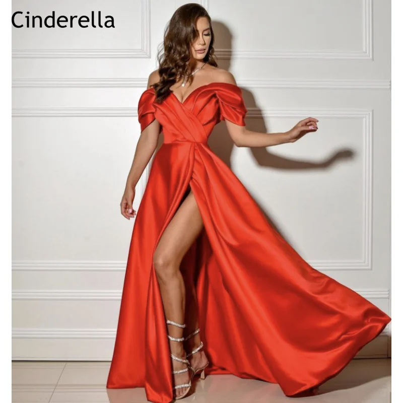 

Red Prom Dresses V-Neck Off The Shoulder Side Slit Satin Prom Dresses Lace Up Back Event Dress vestidos de fiesta de noche