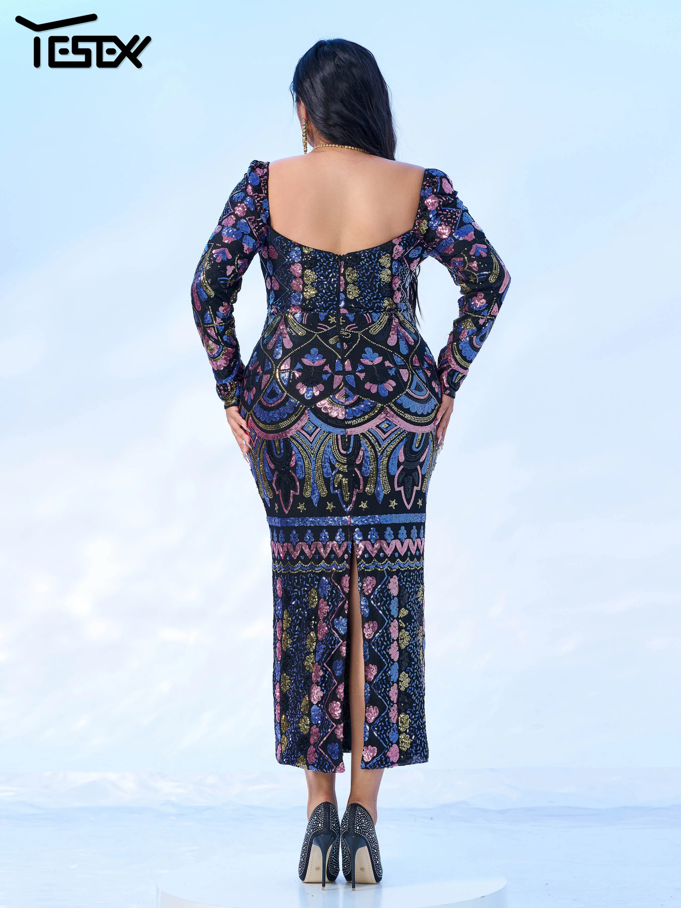 Yesexy New Plus Size Birthday Party Dress Square Neck Long Sleeved Midi Length Sequin Evening Gown Cocktail Prom Dress