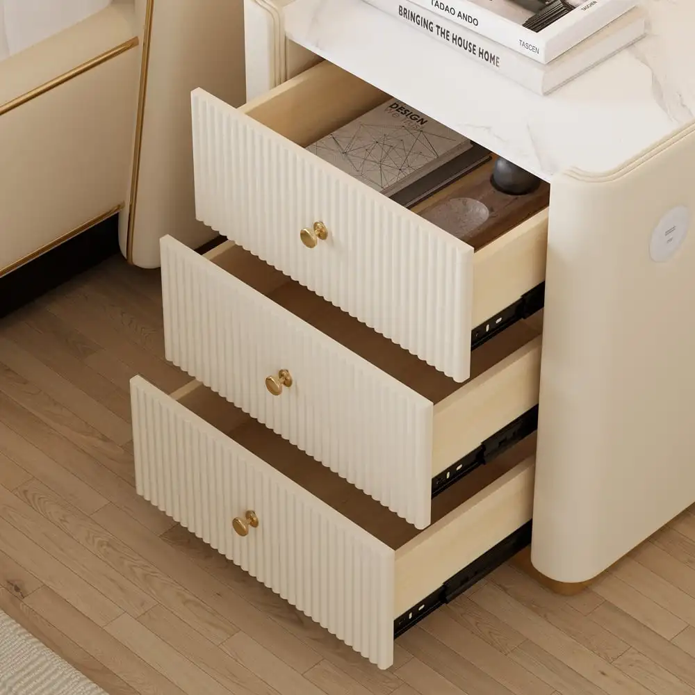Luxury 3 Fluted Drawers Nightstand Sintered Stone Top Fluted Faux Leather Wooden Bedside Table With Built-in USB Charge