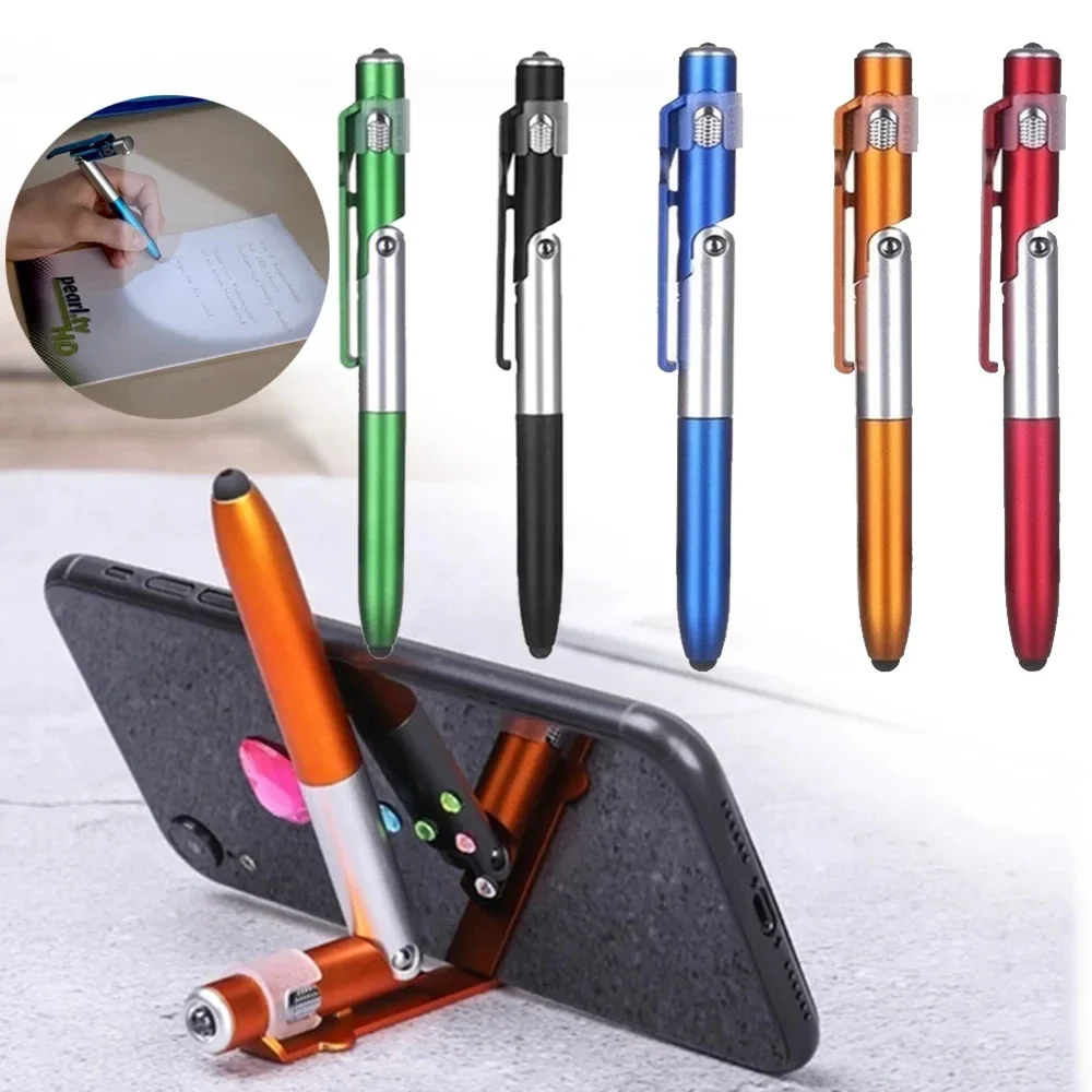 Multifunções Touch Pen com luz LED, canetas esferográficas, suporte dobrável para suporte do telefone, leitura noturna, papelaria, lápis, 4 em 1