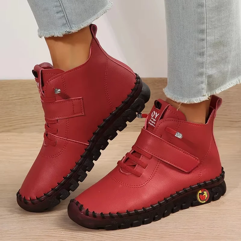 Pu Leder rote Stiefel Frau weichen Boden ortho pä dische Herbst Winter Schuhe Frauen plus Größe Fleece Stiefeletten für Frauen Mutter Mokassins