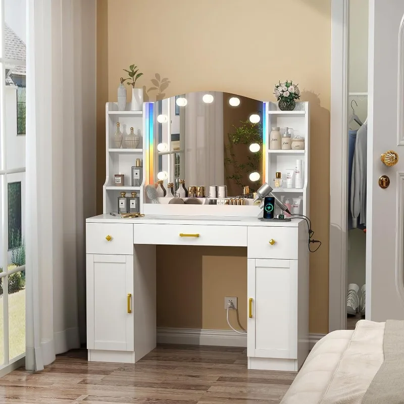 Large Make up Vanity Desk with Mirror and Lights,3 Lights Mode and Brightness Adjusted by key, Built-in Power Strip