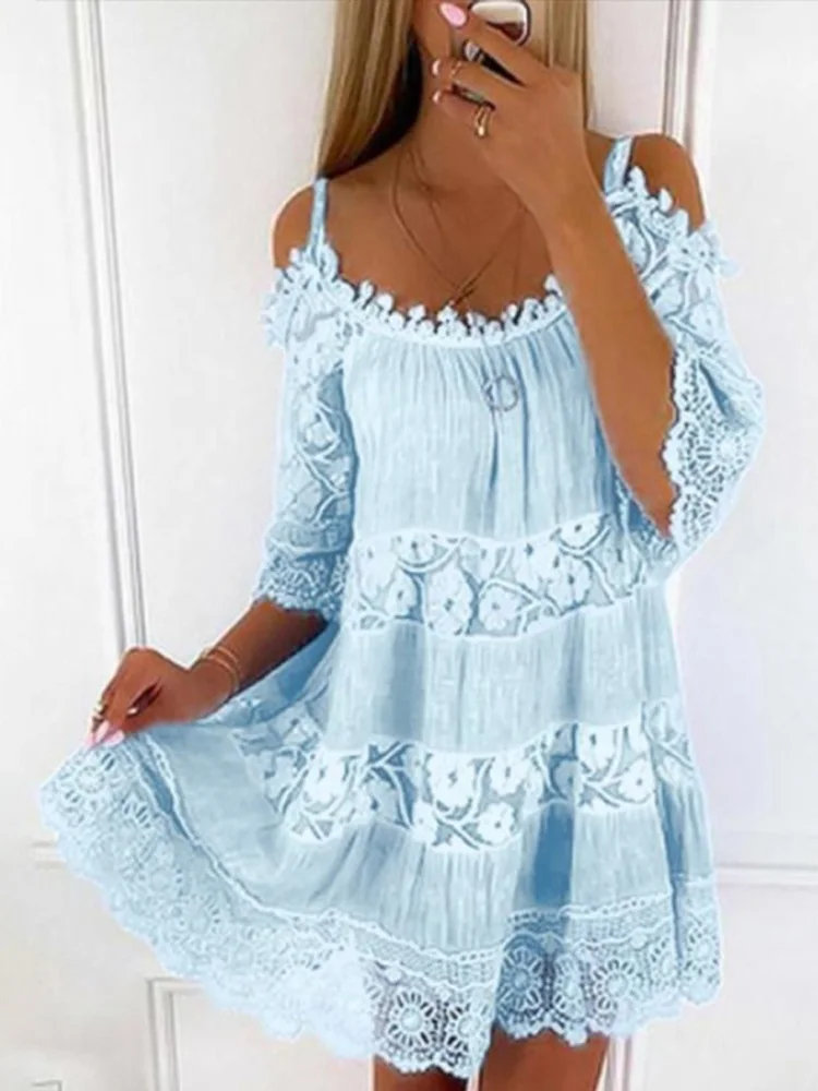 New Casual Loose Smocked Sundress Summer Vintage Lace Paneled Resort Style Dress Women Sling Off Shoulder Beach Dresses Vestidos